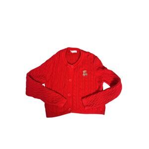 Chunky Knit Red Sweater Teddy Bear Embroidered Womens Small Preppy Cottagecore